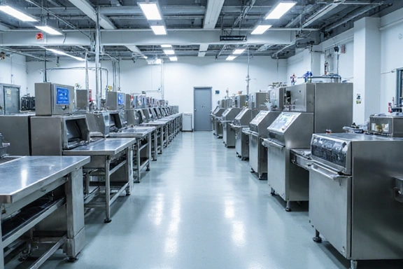 A sophisticated, sterile manufacturing facility with advanced machinery and clean lines, representing high production standards.