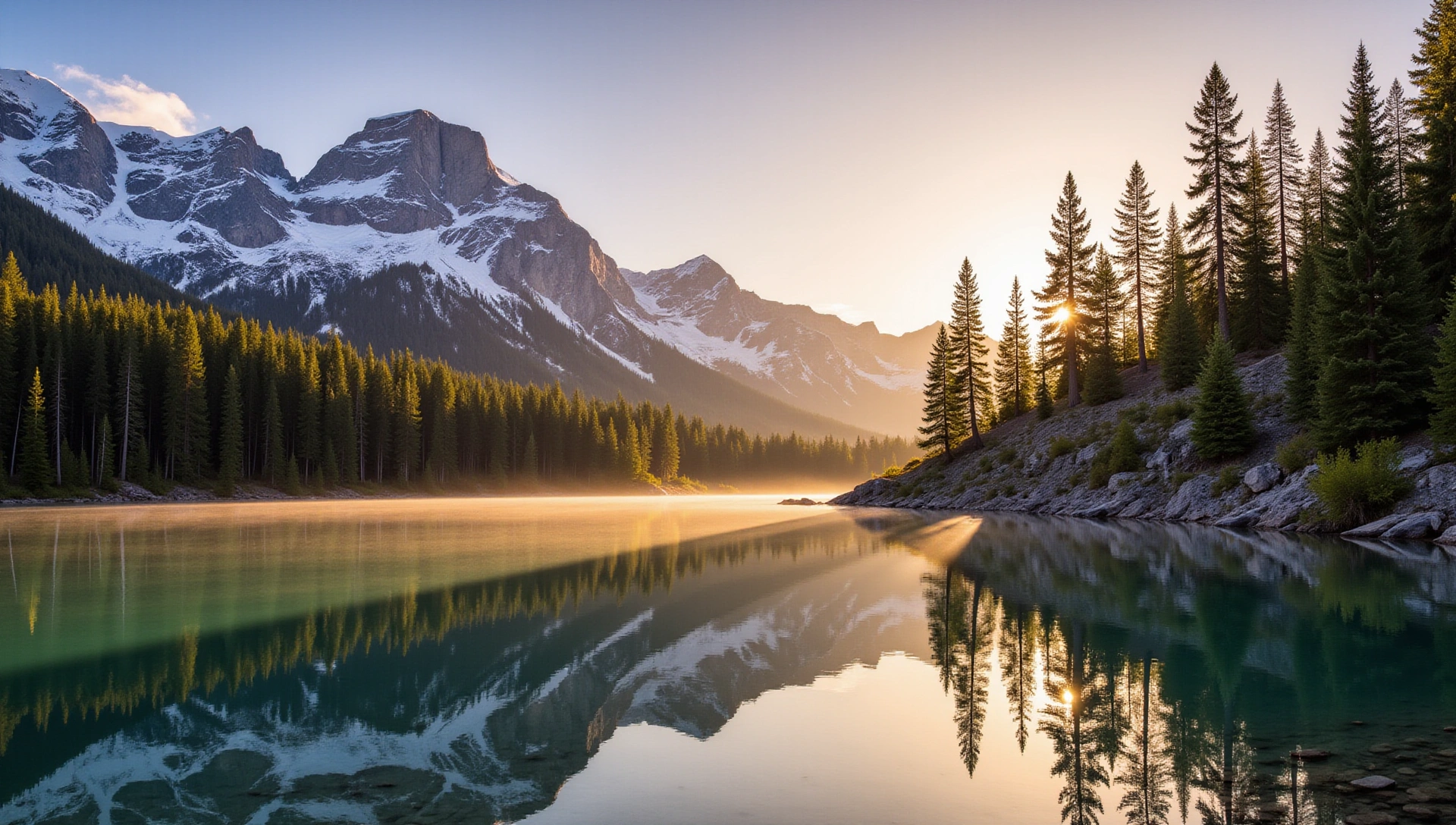 Scenic image of a pristine natural landscape with mountains, forests, and a clear lake, conveying purity and harmony.