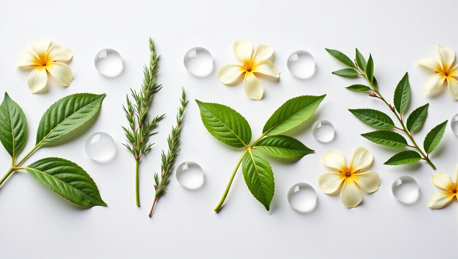 Natural ingredients like herbs, plants, and water droplets in a clean, harmonious setting