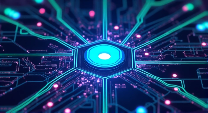 Abstract representation of secure data storage with server racks and glowing security protocols, in a futuristic and protective style.