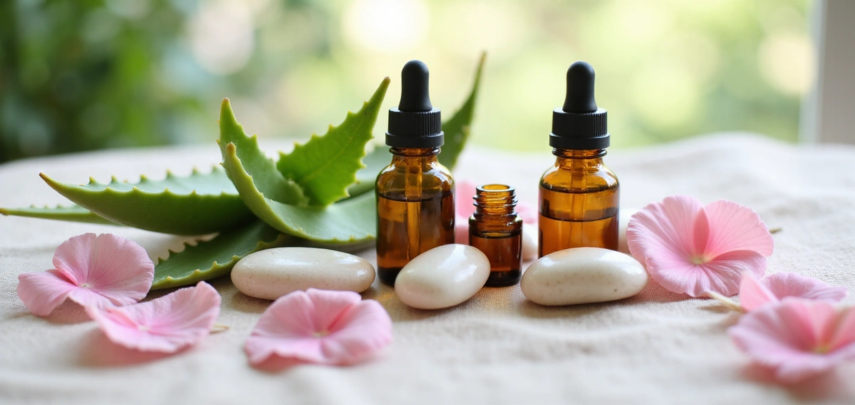 Delicate natural ingredients like rose petals, aloe vera, and essential oils arranged in a luxurious, serene spa setting
