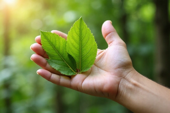 Hand gently touching a leaf, symbolizing natural ingredients